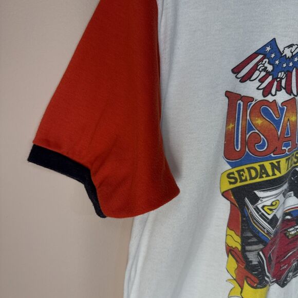 Vintage Sprint 80s Ringer T Shirt Racing Liverpool Raceway USA vs Australia Coke - Picture 6 of 13
